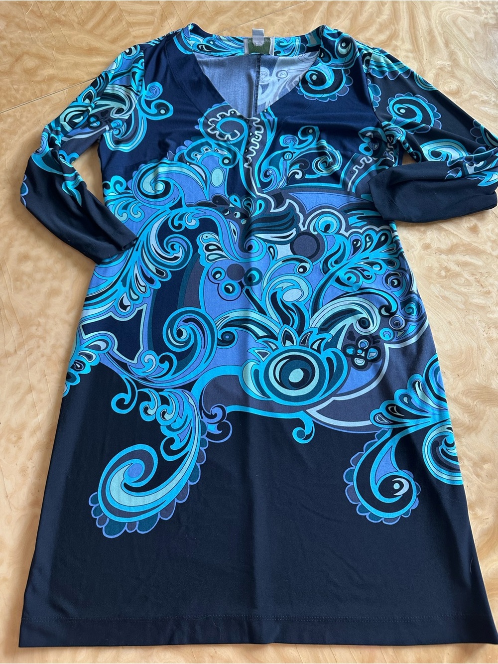 Donna Morgan Navy Dress with Teal & Aqua Swirl Print